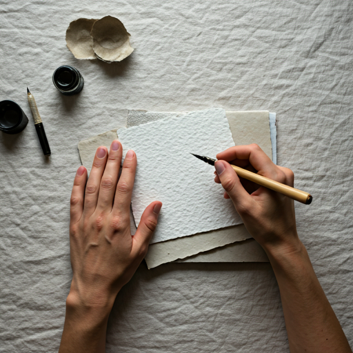 Artisan hands working with textured paper samples and ink pens on a light linen background