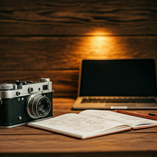 Close-up of a rustic wooden desk with a vintage camera, open notebook with sketches, and a high-end laptop with warm lighting
